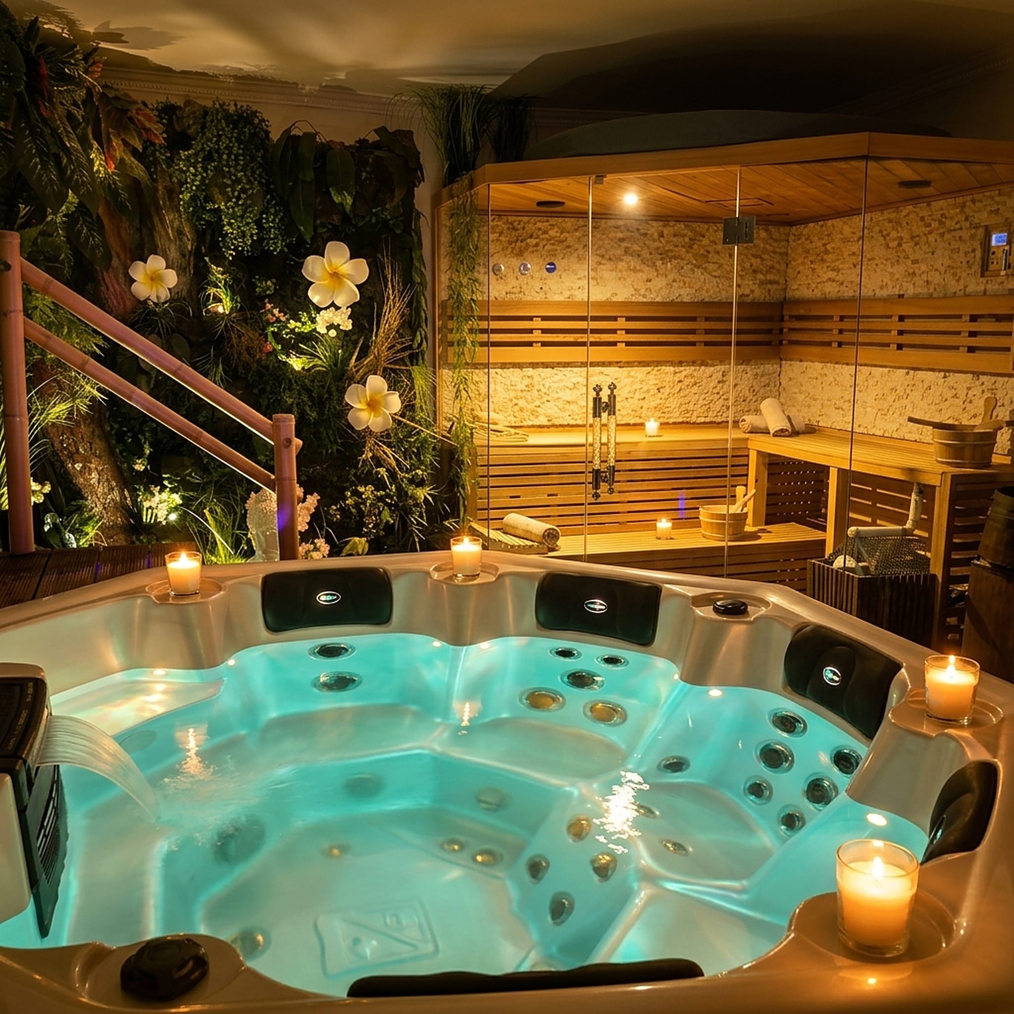Espace SPA privatif Lagoona : jacuzzi et sauna dans une ambiance chaleureuse